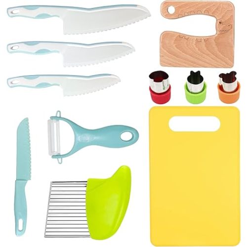 11 Pieces Wooden Kids Kitchen Knife, Blue Kids Knife Set Include Wood Kids Knife, Serrated Edges Plastic Toddler Knife, Crinkle Cutter, Sandwich Cutter, Y Peeler, Cutting Board