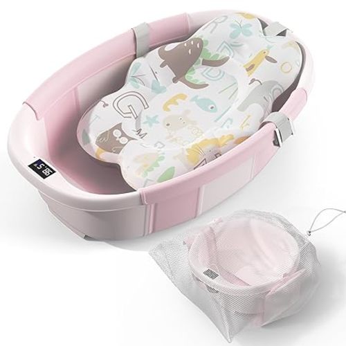 Collapsible Baby Bathtub - Large Baby Bath Tub with Thermometer & Cushion | Travel Portable Newborn Infant Bathtub | Foldable Toddler Bathtub for Baby 0 to 36 Months (Pink)