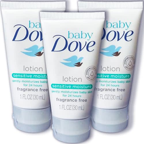 Baby Dove Sensitive Moisture Baby Lotion, 3 Pk Hypoallergenic Fragrance-Free for Sensitive Skin, Moisturizing Unscented Baby Lotion, Safe 4 Newborns Travel Size 1oz Ea