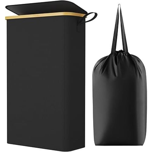 Lifewit 65L Slim Laundry Hamper with Lid, Narrow Laundry Basket with Removable Bag & Bamboo Handles, Fodable Thin Dirty Clothes Hamper for Laundry Collapsible Bin for Bathroom Bedroom Dorm, Black