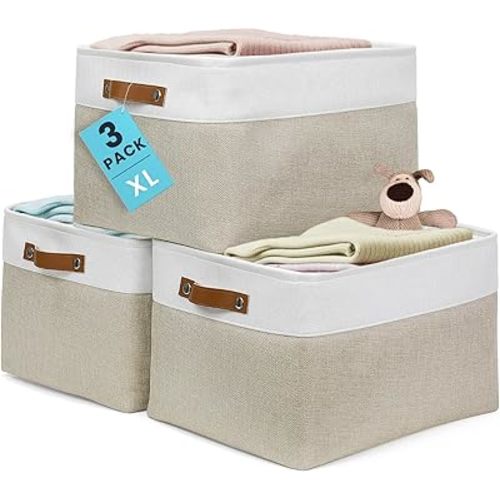 OrganiHaus Extra Large Fabric Storage Baskets for Shelves 3 Pack, 16x13in Closet Storage Bins for Shelves, Canvas Baskets for Organizing, Linen Closet Organizers, Cloth Basket, Beige/Off-White