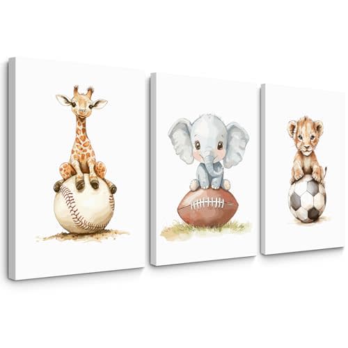 Sports Nursery Wall Art Baby Boys Room Canvas Pictures Safari Animal Wall Decor Jungle Nursery Prints Kids Poster Cute Painting Football Soccer Baseball Artwork for Bedroom 16x24x3 Inch Ready to Hang