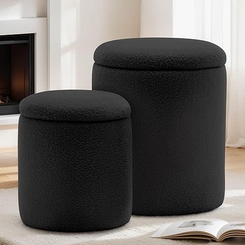 YSICK Round Ottoman with Storage, Set of 2, Small Vanity Stool as Vanity Chair, Sherpa Ottoman Foot Rest for Small Space, Living Room, Bedroom, Black