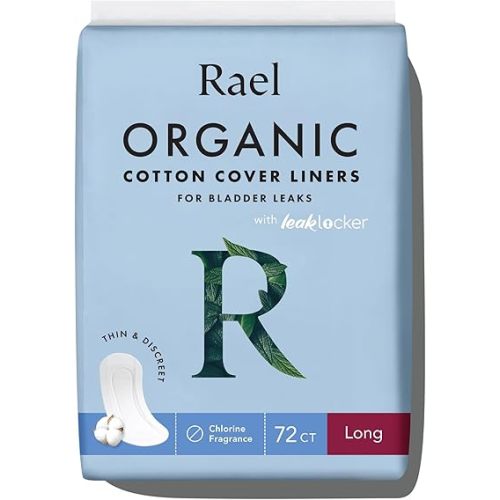 Rael Incontinence Liners for Women, Organic Cotton Cover, Postpartum Essential, Moderate Absorbency, Bladder Control, 4-Layer Core with Leak Guard Technology (Long, 72 Count)