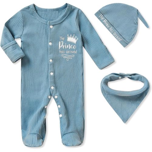 Newborn Infant Baby Boy Coming Homing Clothes Letter Print Button Knit Footed Romper Jumpsuit Hat Bibs 3pcs Outfit
