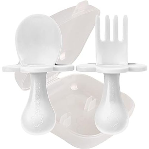 Grabease Toddler Utensils Toddler Spoons and Forks Baby Silverware Baby Self Feeding Utensils, BPA-Free & Phthalate-Free for Baby & Toddler, 1 Set, Plastic, White