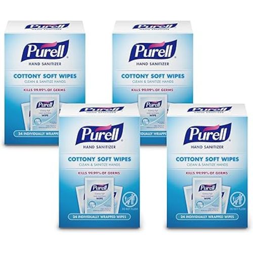 PURELL Cottony Soft Hand Sanitizing Wipes, Clean Scent, 24 Individually Wrapped Wipes (Pack of 4 Boxes) – 9029-04-CMR
