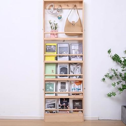 Wooden 5 Tiers Kids Bookshelf, Wall Mount Shelf with Hooks, Organizer for Toys and Books (Nature)