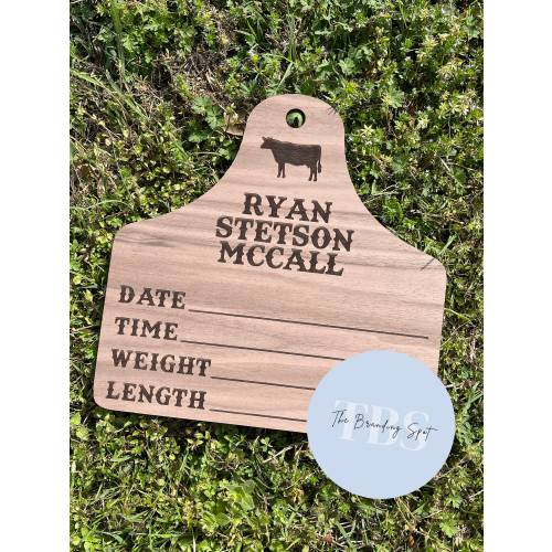 Western Baby Cow Tag Baby Birth Announcement Sign, Birth Stats, Baby Hospital Door Hanger, Cattle Name Sign, Photo Prop, Cow Ear Tag
