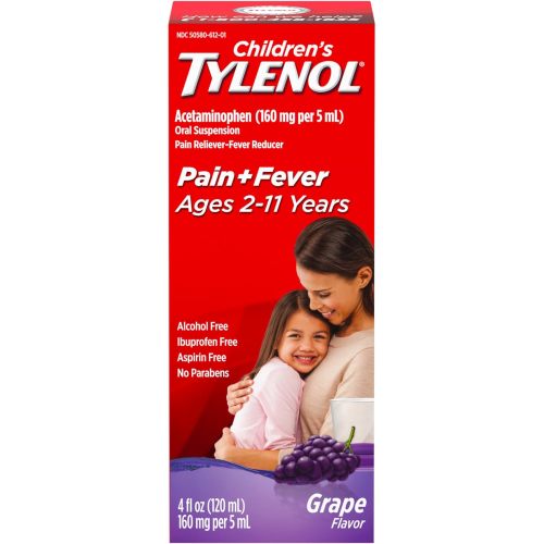 Tylenol Children's Liquid Oral Suspension Medicine, Acetaminophen Pain Reliever & Fever Reducer for Cold + Flu Symptoms & Sore Throat, Aspirin-, Ibuprofen- & Alcohol- Free, Grape, 4 fl. oz