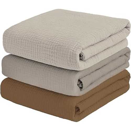 breebleep Muslin Swaddle Blankets for Baby Boy - 3 Pack 47x47 Inch Large Receiving Blankets, Soft Breathable Cotton Nursery Swaddles for Newborn, Infant & Todler (Cream White, Stone, Coffee)