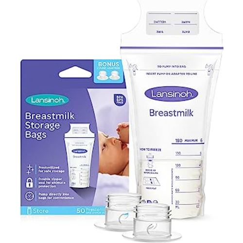 Lansinoh Breastmilk Storage Bags, 50 Count with 2 Pump Adapters, Easy to Use Milk Storage Bags for Breastfeeding, Presterilized, Hygienically Doubled-Sealed, for Refrigeration and Freezing, 6 Ounce