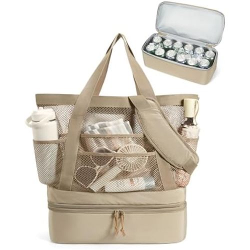 BAGSMART Beach Bag with Cooler, Mesh Beach Tote Bag with Zipper and Pockets Large Packable for Pool Swim Travel Essentials