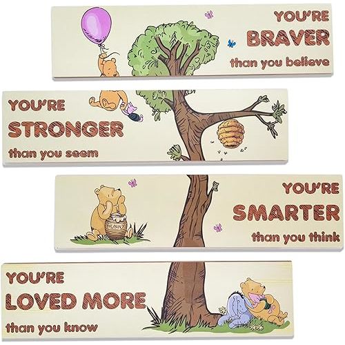 PAMBO Winnie Bear Baby Shower Decorations, 4-Panel Wooden Nursery Decor Room Inspirational Wall Art, Motivational Quote Signs