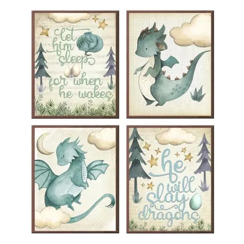 Silly Goose Gifts Let Him Sleep - Dragon Themed Wall Art Prints (Set of 4) Hanging Picture Nursery Kids Room Decor 8x10in