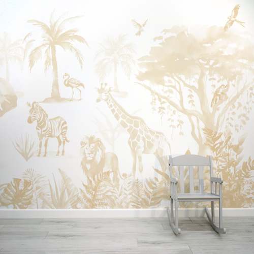 Sango Ecru - Cream Watercolour Kids Jungle Safari Animal Wallpaper Mural