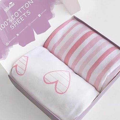 Bassinet Sheets Compatible with AirClub, GoFirst and MiClassic Bassinet Bedside Sleeper, 2 Pack, 100% Jersey Knit Cotton Fitted Sheets, Pink Stripes and Hearts Print for Baby Girls