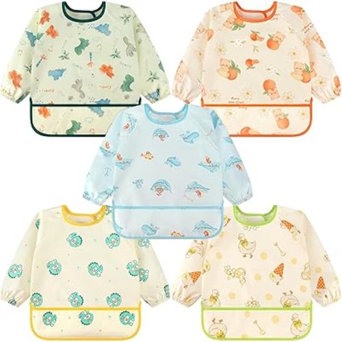 Accmor 5 Pack Long Sleeve Bibs, Baby Smock Waterproof Sleeved Bib Smock for Baby Toddler 6-36 Months