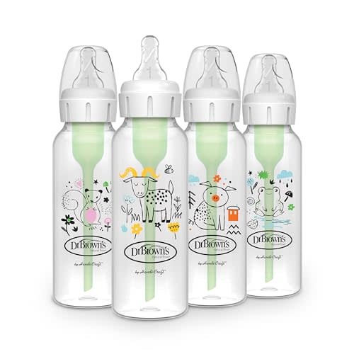 Dr. Brown's Natural Flow Anti-Colic Options+ Narrow Baby Bottle, 8 oz/250 mL, with Level 1 Slow Flow Nipple, BPA free, 0m+, Squirrel, Goat, Pig, Frog, 4-Pack