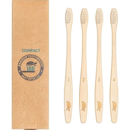 Sea Turtle Plant-Based Bristles, Compact Bamboo Toothbrushes, Soft Natural Toothbrush for Adults (4 Pack)