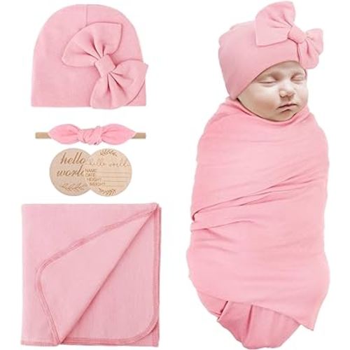 Newborn Receiving Blanket with Bow Hat Headband Wooden Card Set Newborns Toddler Baby Boy Girl Nursery Swaddle Wrap