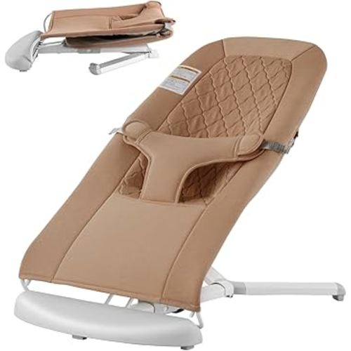 VEVOR Baby Bouncer, Folding Bouncer Seat for Babies 0-9 Months, Newborn Bouncer Chair with 2 Reclining Angles & 3-Point Harness, Portable Infant Rocker with Carrying Bag for Indoors Outdoors, Camel