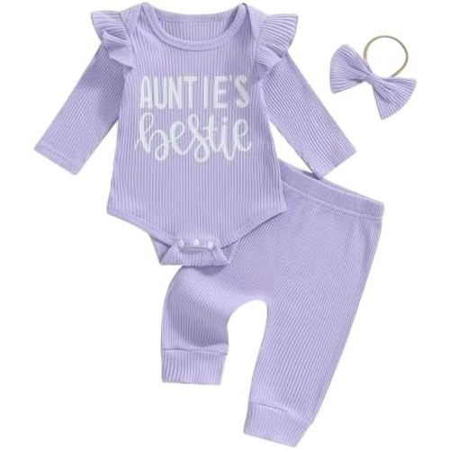 NZNDSHD Auntie Baby Clothes Girl Fall Winter Ribbed Knit Outfit Long Sleeve Romper Bodysuit Elastic Pants Headband Set