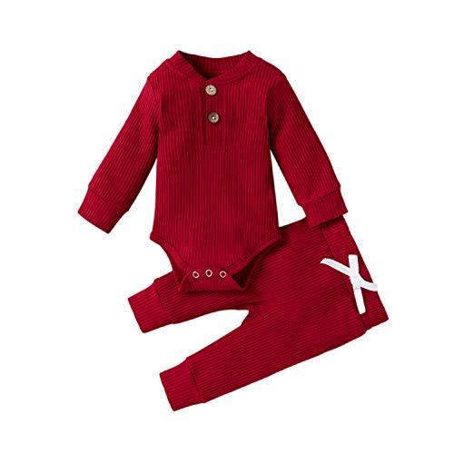 Ledy Champswiin Winter Newborn Baby Boy Girl Clothes Set Ribbed Outfits Unisex Infant Solid Long Sleeve Tops Pants 2PCS