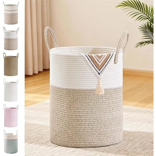 53L Tall Cotton Rope Laundry Basket with Handles, Brown