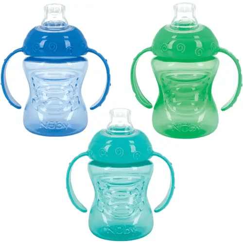 Nuby 3 Pack Two Handle No Spill Toddler Sippy Cups - Toddler Cups Spill Proof with Easy and Firm Grip - Toddlers Cups - Aqua, Blue, Green