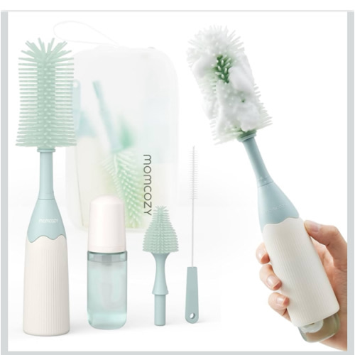 Momcozy Bottle Brush Kit, Innovative Push-Press Design for Better Cleaning - Baby Bottle Cleaner Brush for Baby Bottle, Breast Pumps, Nipples, and More - Can Generate Foam for Better Cleaning, Green