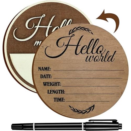 Namalu Hello World Baby Announcement Sign Birth Announcement Sign for Hospital Wooden Newborn Name Plaque with Marker Pen or Baby Name and Birth Detail, 5.9 Inch(Brown)