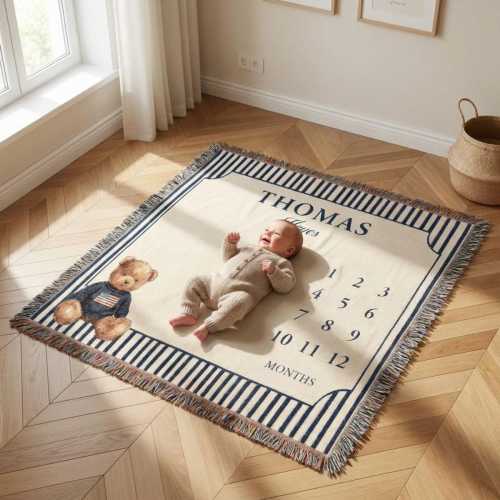 Personalized Baby Milestone Blanket Woven Cotton Teddy Bear Monogram Blue Stripe Polo Teddy Bear Personalized Baby Name Baby Growth Tracker