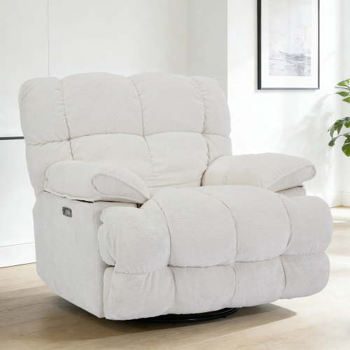 Pmango Power Oversized Recliner Chair, Extra Wide Swivel Rocking Recliner Chair, Breathable Soft Fabric Modern Single Sofa for Living Room, 90°-140° Electric Recline, USB & Type-C Port, White