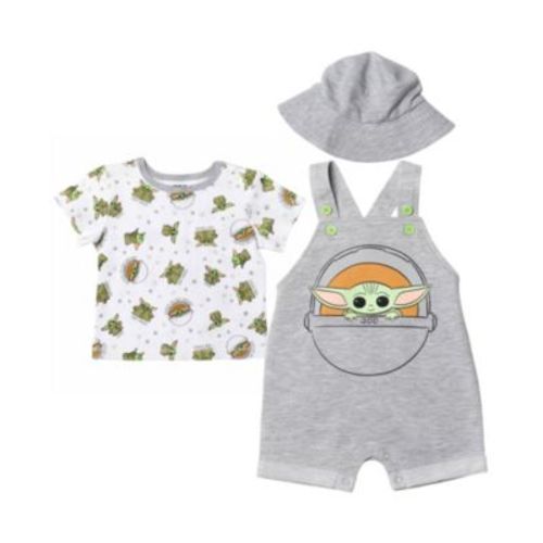 Baby Boys Yoda Short Overalls, French Terry T-Shirt and Bucket Sun Hat 3 Piece Outfit Set
