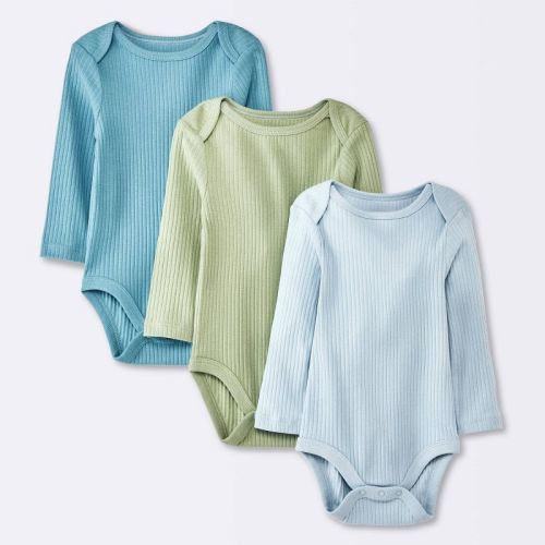 Baby Boys' 3pk Long Sleeve Wide Ribbed Bodysuit - Cloud Island™ Blue 3-6m