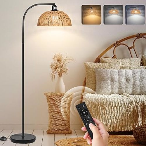 Rattan Floor Lamp- Boho Standing Lamp with Remote Control and Dimmable Bulb, Hand-Worked Adjustable Rattan Shades, Black Farmhouse Tall Lamp, Boho Arc Floor Lamps for Living Room, Bedroom, Office