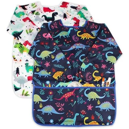 Kids Art Smocks 2 Pack Dinosaur Painting Apron for Children Waterproof Artist Smock with Long Sleeve and 3 Pockets for Age 3-8 Years