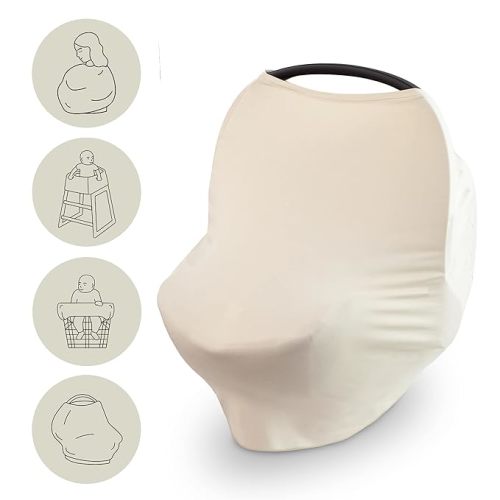 mushie Baby Car Seat Canopy Cover | Breathable & Stretchy Multi Use Cover for Breastfeeding, Nursing, High Chair, Shopping Cart, Strollers (Fog)