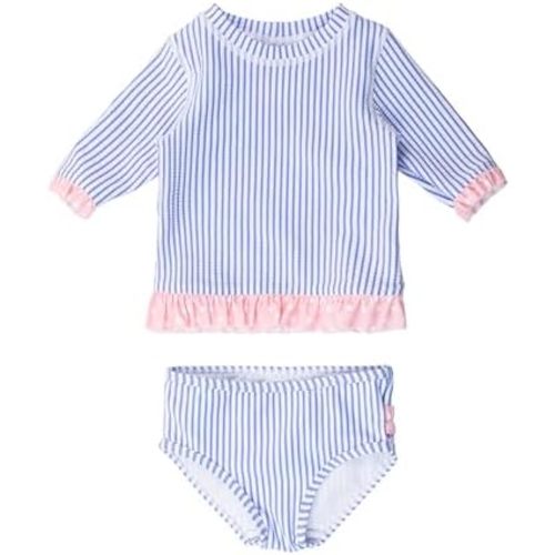 RuffleButts Baby/Toddler Girls UPF50+ Sun Protection Seersucker Short Sleeve Ruffle Rash Guard Bikini