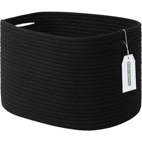 Cotton Rope Storage Basket, 15x10x9 Inches, Woven Basket for Shelves, Clothes, Toys, Towels, Books, and Laundry, Durable and Stylish, Black (1 Pack)