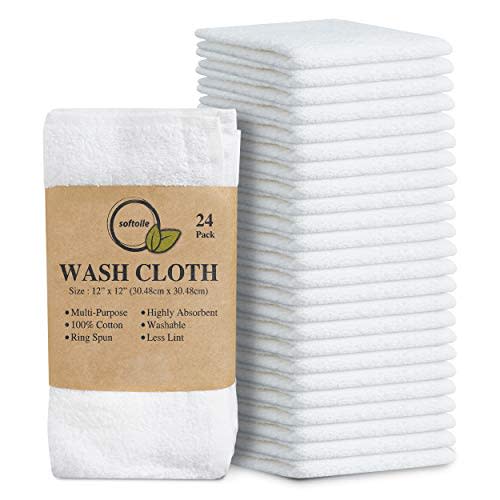Softolle 100% Cotton Ring Spun Wash Cloths Pack of 24 (12x12 Inches)– Bulk Pack of Washcloths – Wash Cloth for Face, Highly Absorbent, Soft and Face Towels (White)