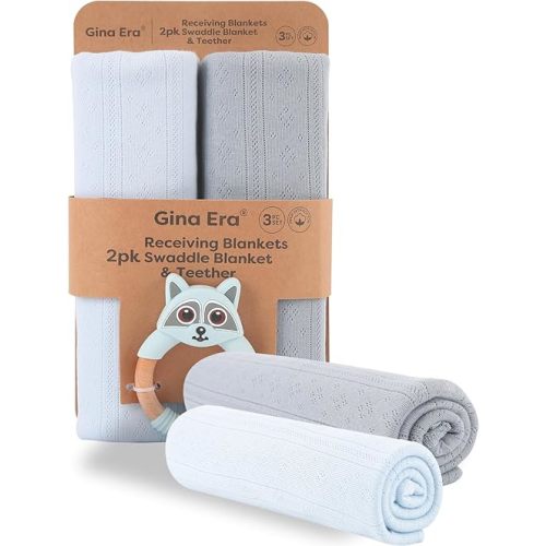 Gina Era Organic Cotton Receiving Blankets 2Pcs 30 X 40 Inch, Newborn Swaddle Blankets, 100% Cotton for Boy Girl (Blue)