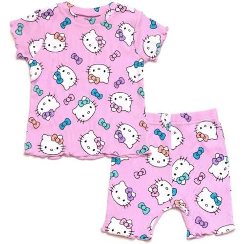 Hello Kitty Ribbed T-Shirt and Shorts Outfit Set Newborn to Little Kid Sizes (0-3 Months - 7-8)