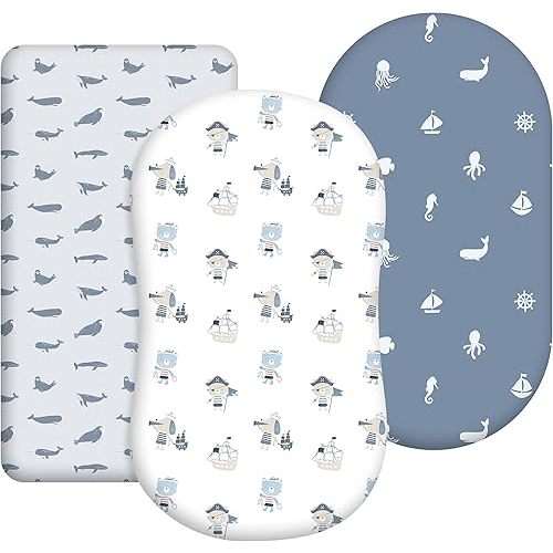 Baby Bassinet Sheets Girl Boy, Stretch Fitted Bassinet Sheet Set 3 Pack Bassinet Mattress Sheets Universal Fit for Rectangle, Round, Oval, Hourglass Mattress, Soft Breathable Blue Ocean Sailor