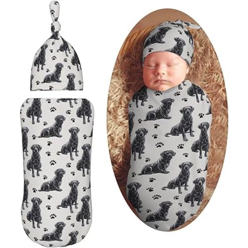 Cute Black Labrador Retrievers Newborn Swaddle Blankets Hat Sets Soft Baby Receiving Blanket Swaddle Sack for Baby Shower Infant Boy Girl Gift