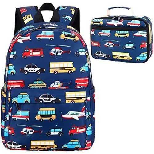 LEDAOU Kids School Backpack with Lunch Box for Boy Kindergarten BookBag School Bag Preschool Kindergarten Toddler Backpack (Car Airplane Pattern-Navy)