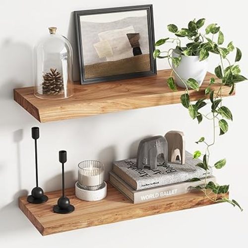 Rustic Live Edge Floating Shelves, Elm Wood Wall Mounted Natural Finish 24"W x 9.3"D x 1.5"H, Set of 2