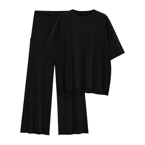 KIRUNDO Womens 2 Piece Outfits 2025 Summer Casual Loose Short Sleeve Pullover Tops & Wide Leg Pants Lounge Sets Tracksuit