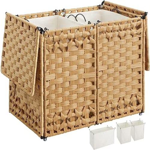 Greenstell Laundry Hamper with Lid and 2 & 1 Removable Liner Bags, No Install Needed, 65L Collapsible Laundry Basket, Wicker Clothes Hamper with Handles, Hamper for Bedroom, Bathroom, Goose Yellow